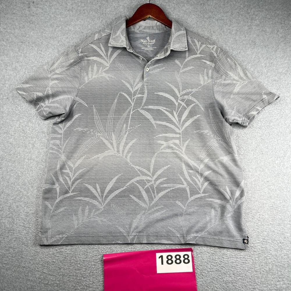 Nat Nast Tropical Print Polo Shirt Gray Strip Beach Casual Mens XL *SEE
